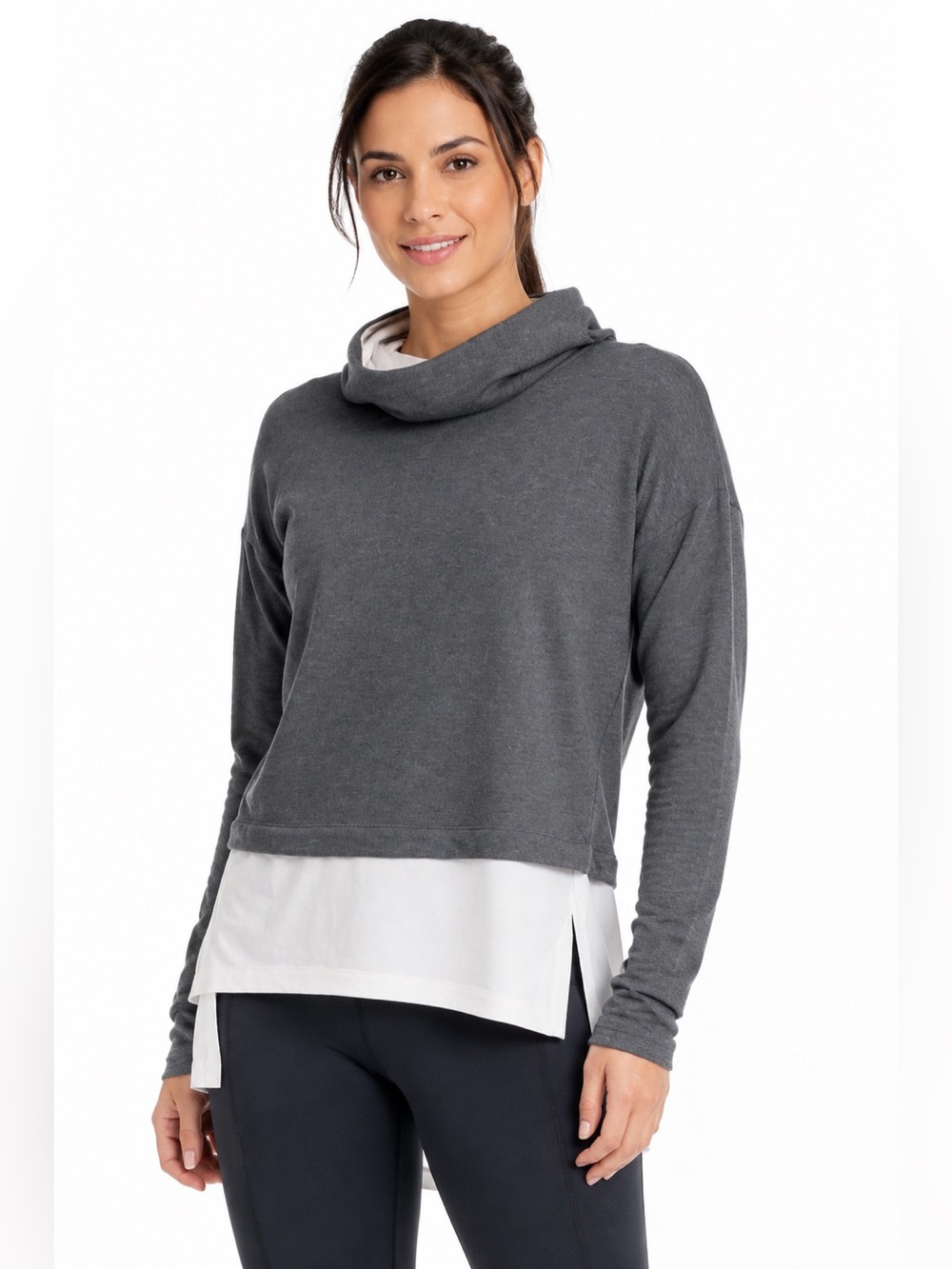 Calia Effortless Mixed Media Hoodie in Charcoal Heather Gray White Size Small